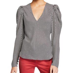 FRAME Striped Silk Shirred V-Neck Top